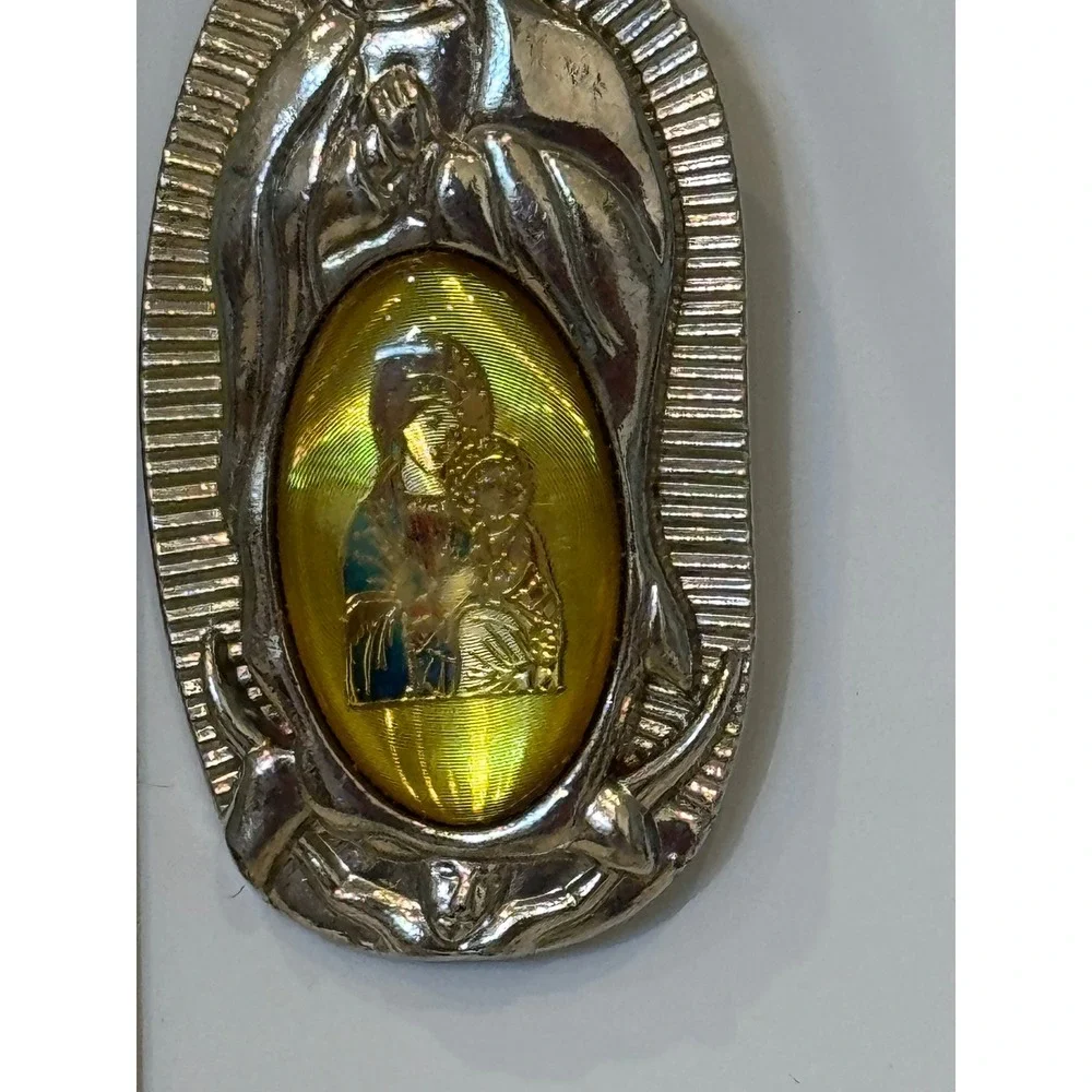 Our Lady of Guadalupe Religious Keychain Silver Tone Yellow Holographic Image